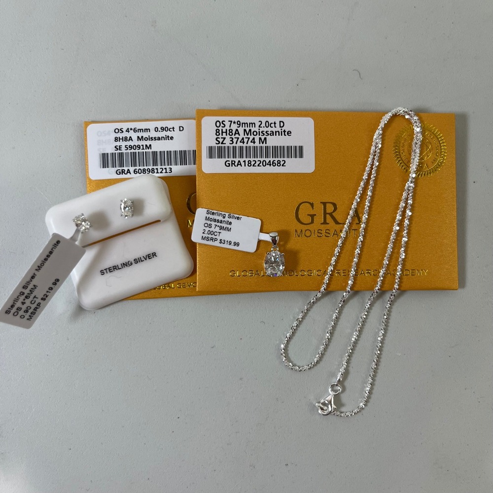 NEW GRA Moissanite Necklace Earring Set Sterling Silver 925 Oval Pendant Sparkle